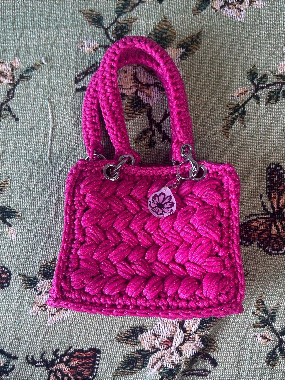 Handmade Girly Hot Pink Sparkly Crochet Mini Bag With Flower Charm.